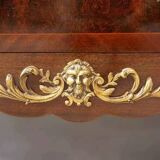 Antique chest of drawers in mahogany, Amboyna burl, red marble and bronze