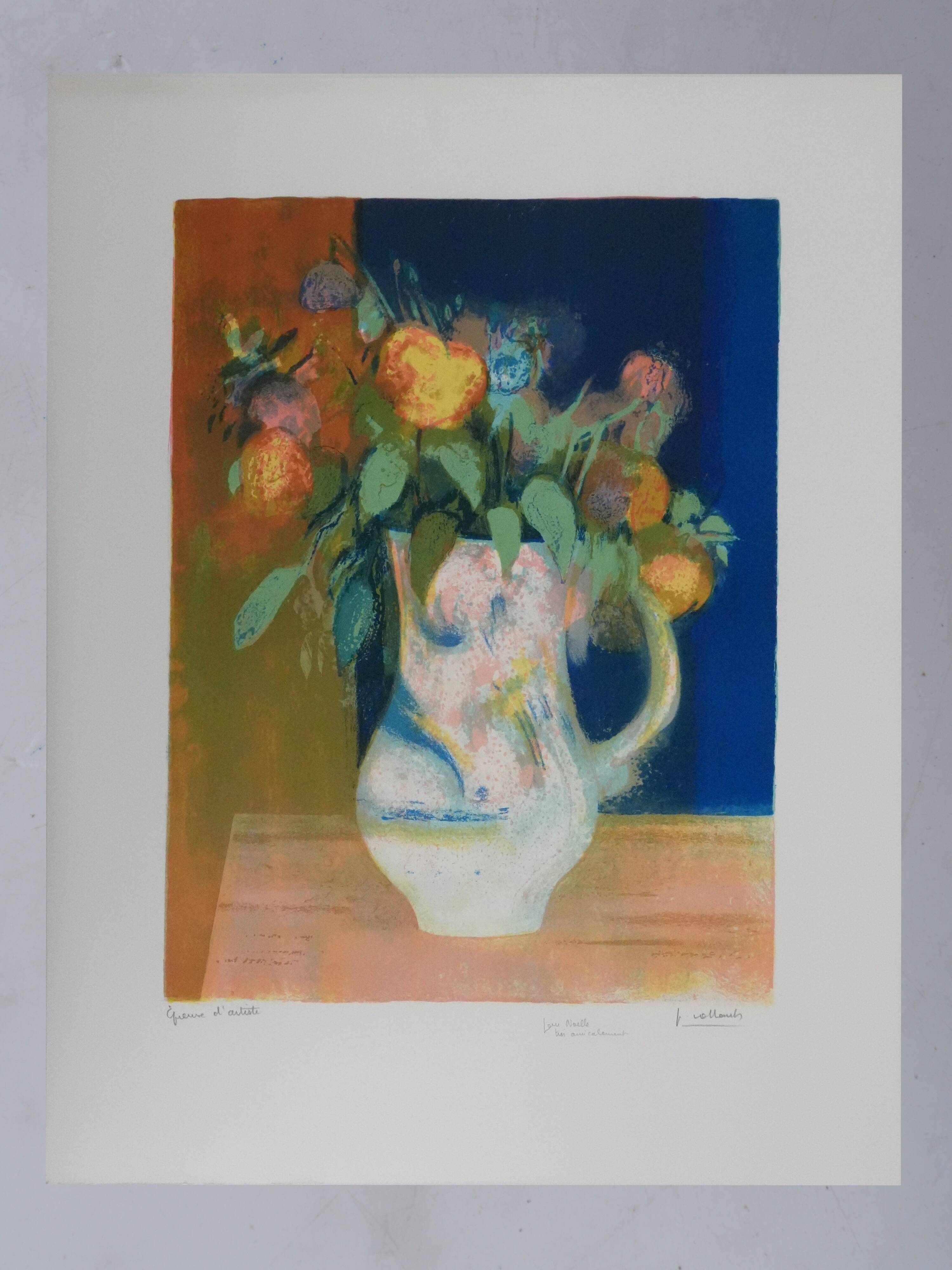 Paul Collomb: Bouquet on a blue background, signed original lithograph.