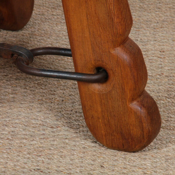 Round coffee table in solid oak and wrought iron, 1950.