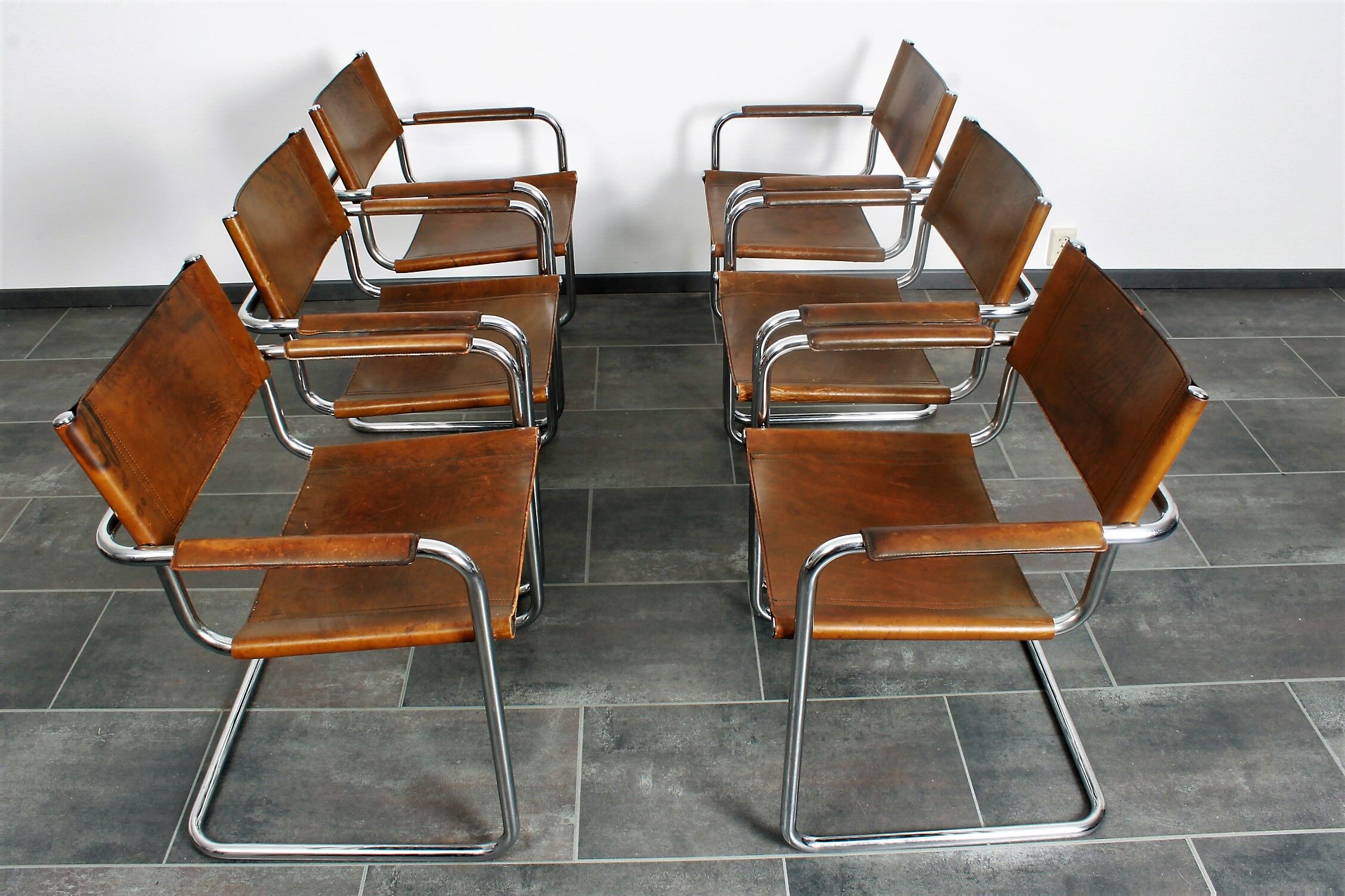 Set of six brown leather cantilever chairs Mart Stam