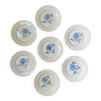 Set of 7 vintage Digoin plates, elegant stenciled blue rose pattern