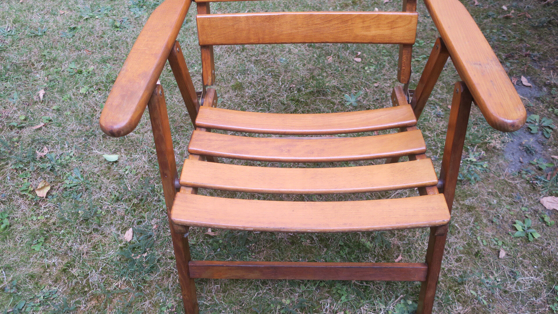 Mid century patinated wood folding garden or patio elbow chair, 1960s