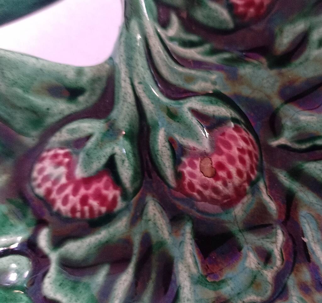Vintage Majolica Strawberry Leaf Shaped Dish Ceramic Green Red