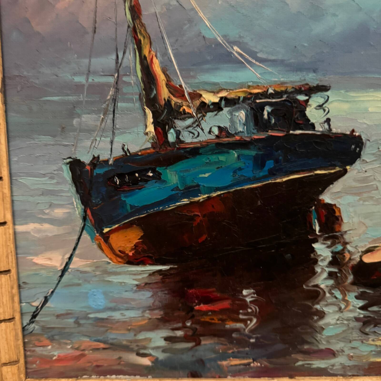 Oil on canvas fishing boats 1950 by Y. Morin