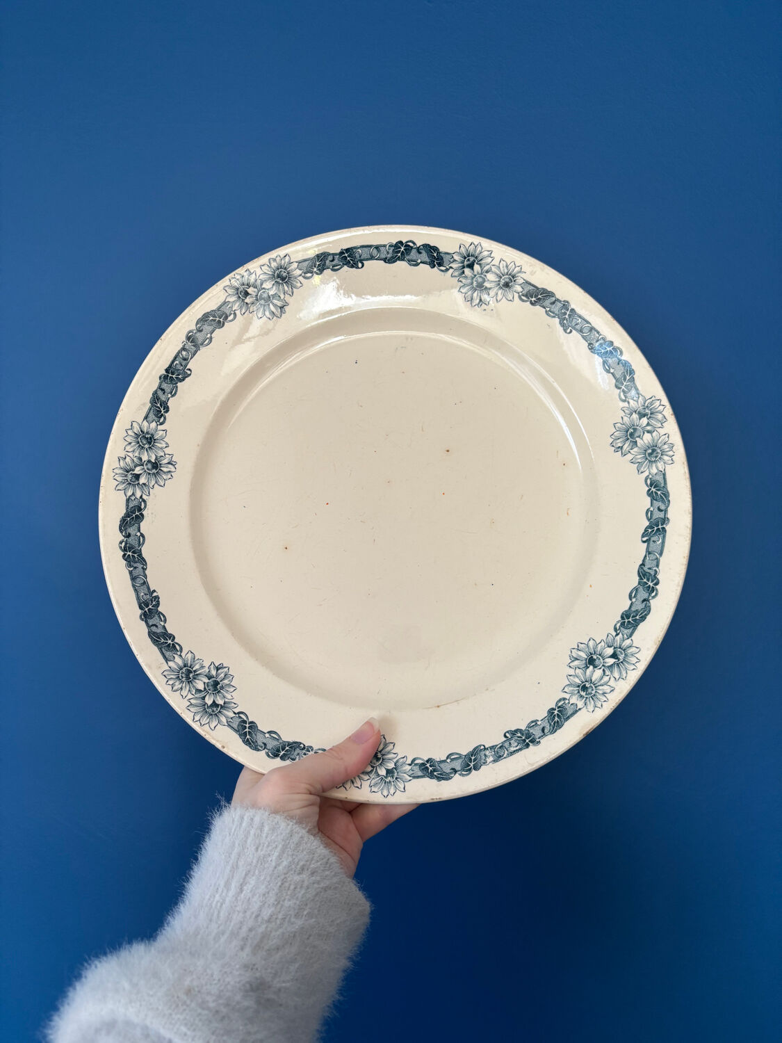 Large ironstone serving platter Longchamp model Denise vintage blue