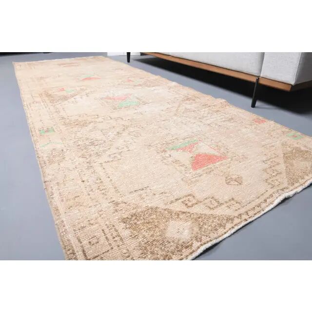 Vintage Turkish Hand-Knotted Wool Cotton Beige Runner Rug 111x305