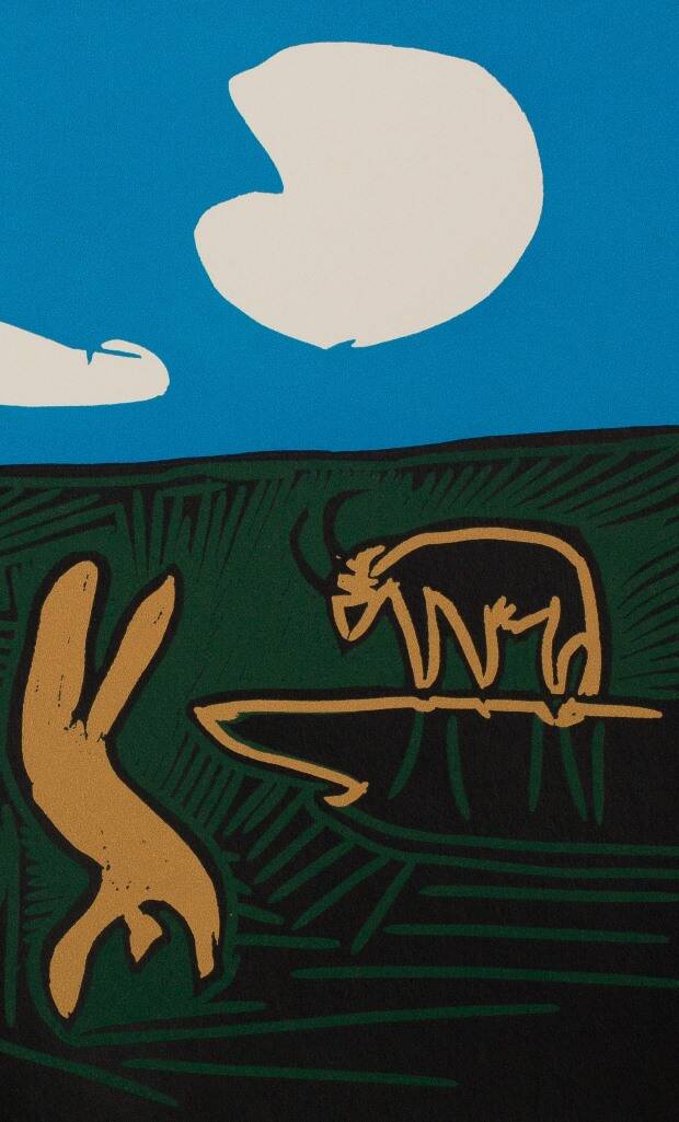 Pablo Picasso: Bacchanal, acrobats and bull, Linocut (1962)