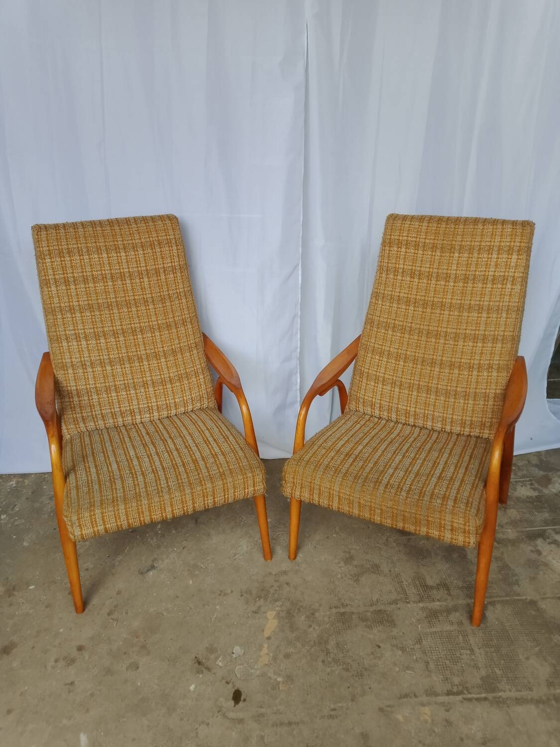 60s wood and fabric armchairs