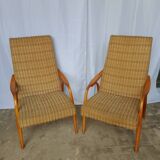 60s wood and fabric armchairs