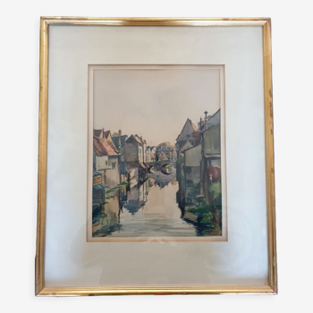 Aquarelle sur papier "Les vieux lavoirs sur l'Eure?" signée, André Duculty (1912-1990)