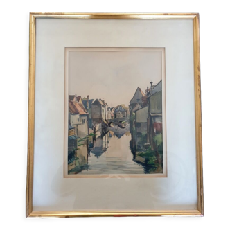 André Duculty (1912-1990) Watercolor on paper "Les vieux lavoirs sur l'Eure?" Signed lower right