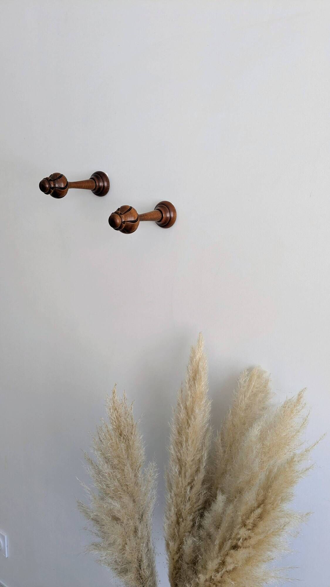 Pair of vintage turned wood coat hooks – sculpted knobs