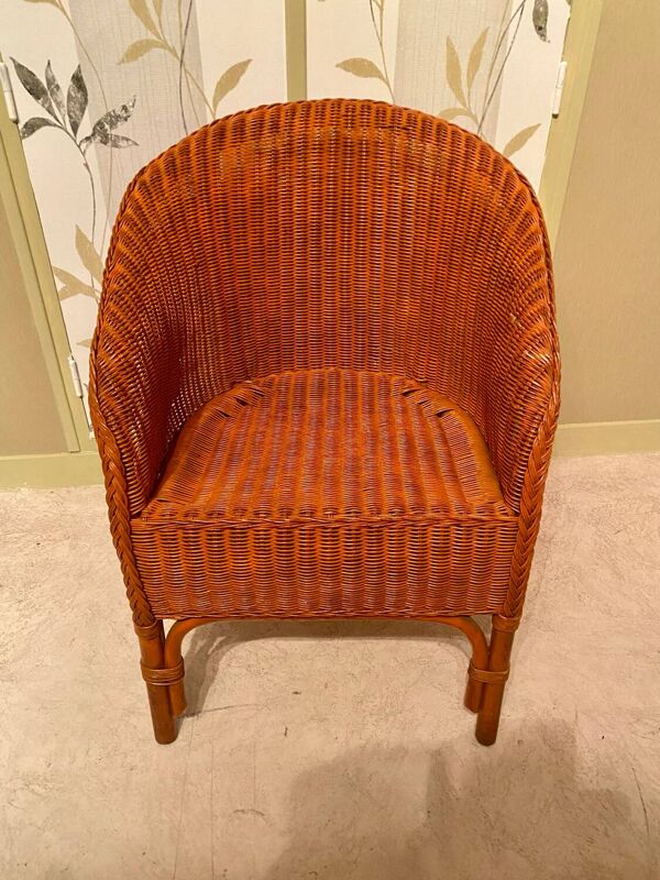 Fauteuil ''Tonneau'' Vintage en Osier Tressé - Années 70