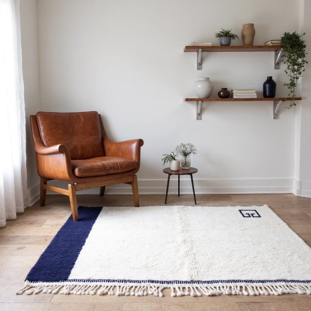 Minimalist Navy Wool Rug — Design with Greek Border