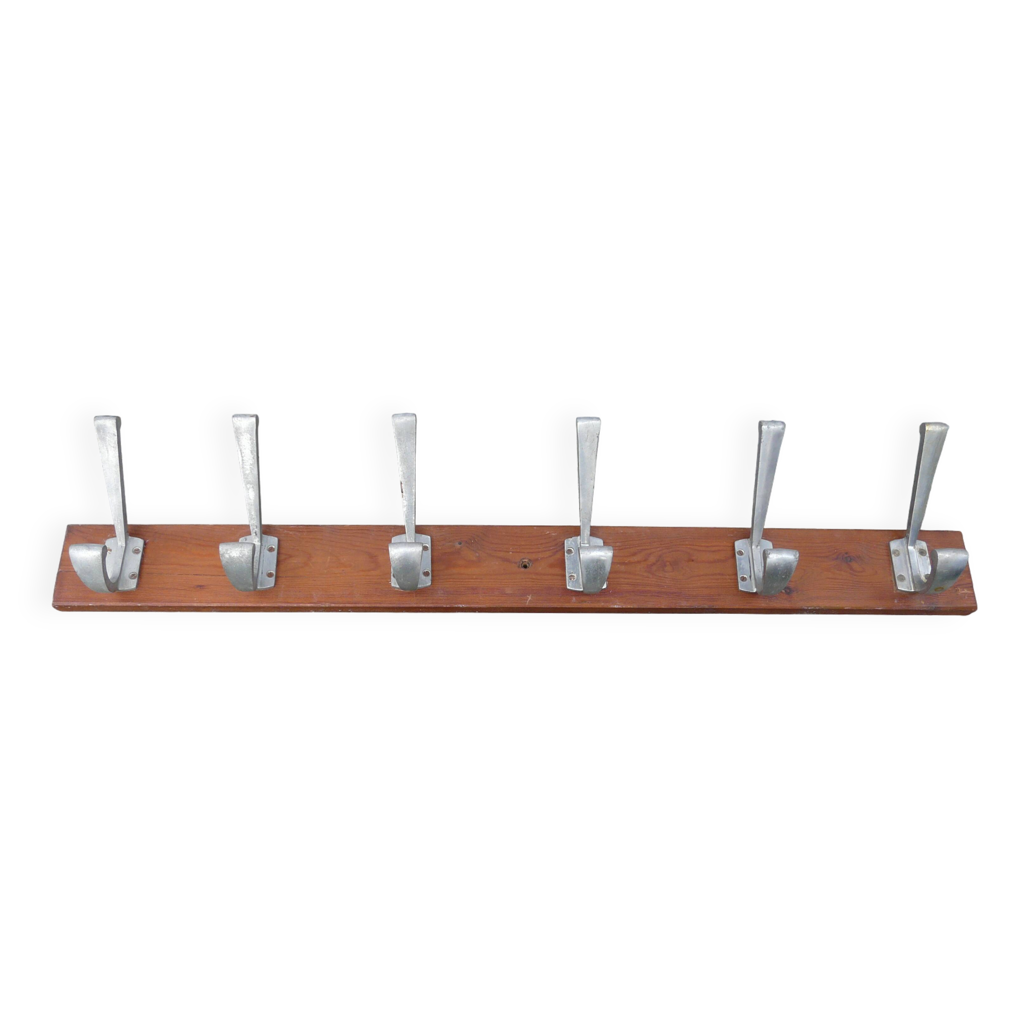 School wall coat rack with 6 double hooks in wood and aluminium.