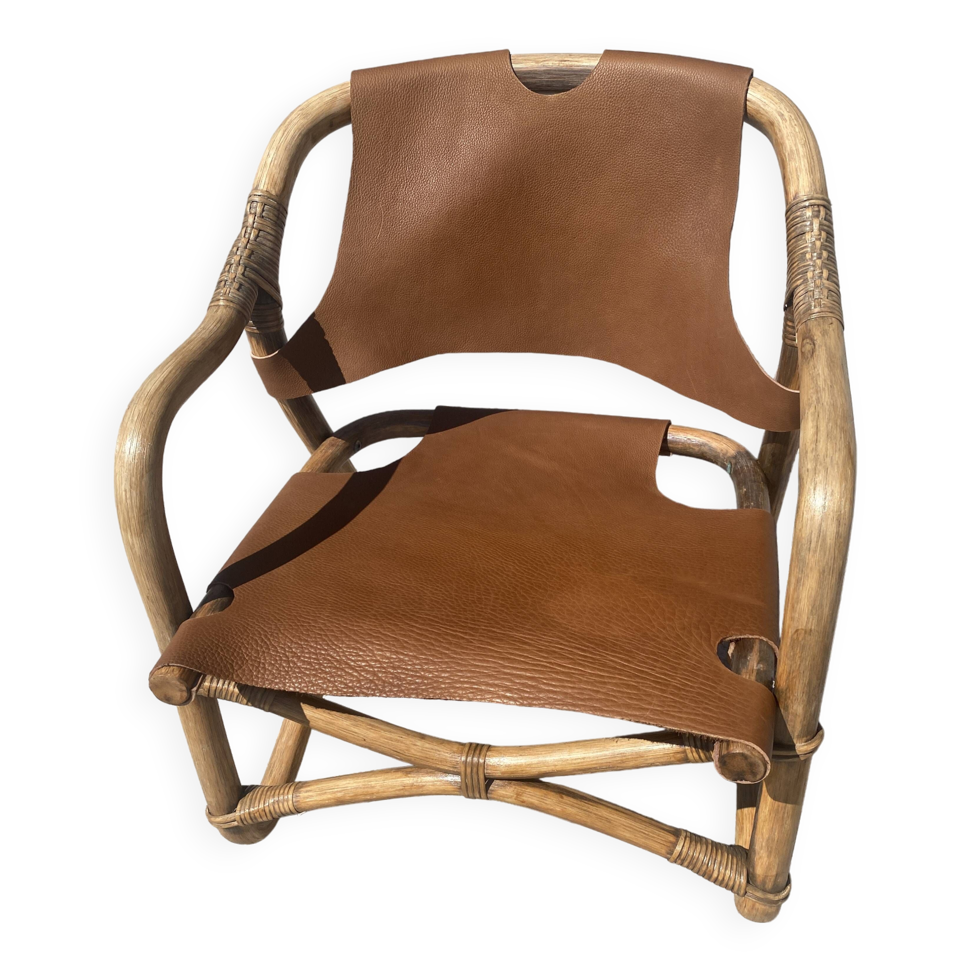 Mid-century bamboo and leather safari armchair, Denmark, 1960s