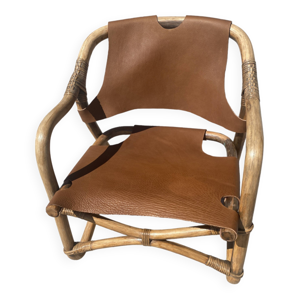Fauteuil safari mid-century en bambou et cuir, danemark, 1960s