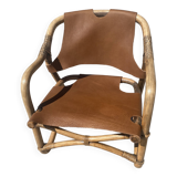 Mid-century bamboo and leather safari armchair, Denmark, 1960s