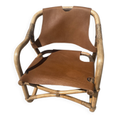 Fauteuil safari mid-century en bambou et cuir, danemark, 1960s