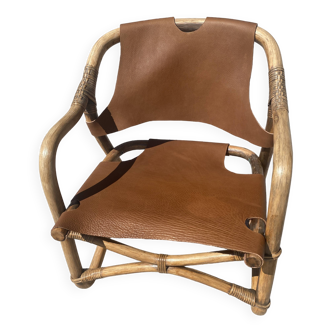 Fauteuil safari mid-century en bambou et cuir, danemark, 1960s