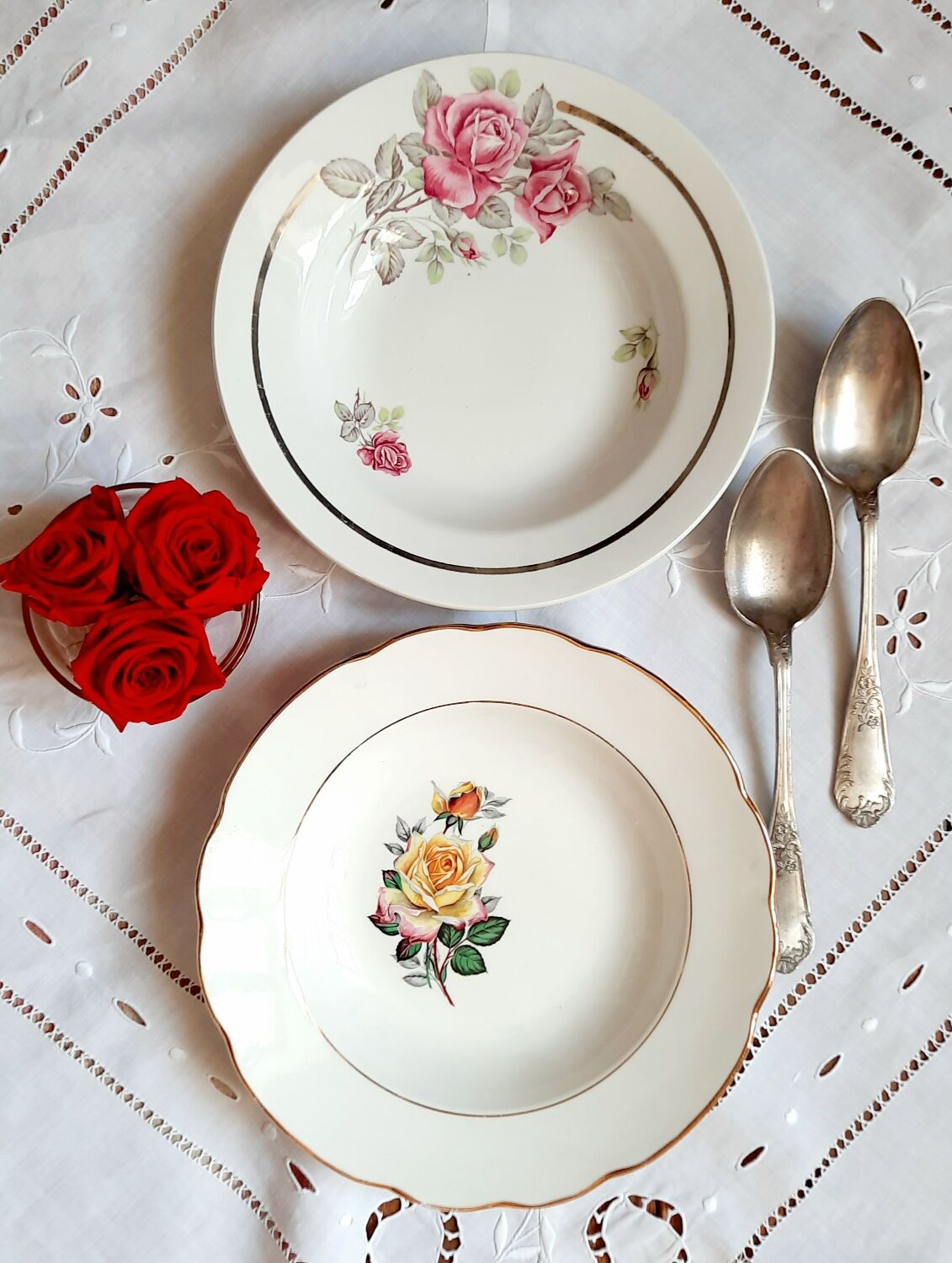 Old hollow plates mismatched in earthenware