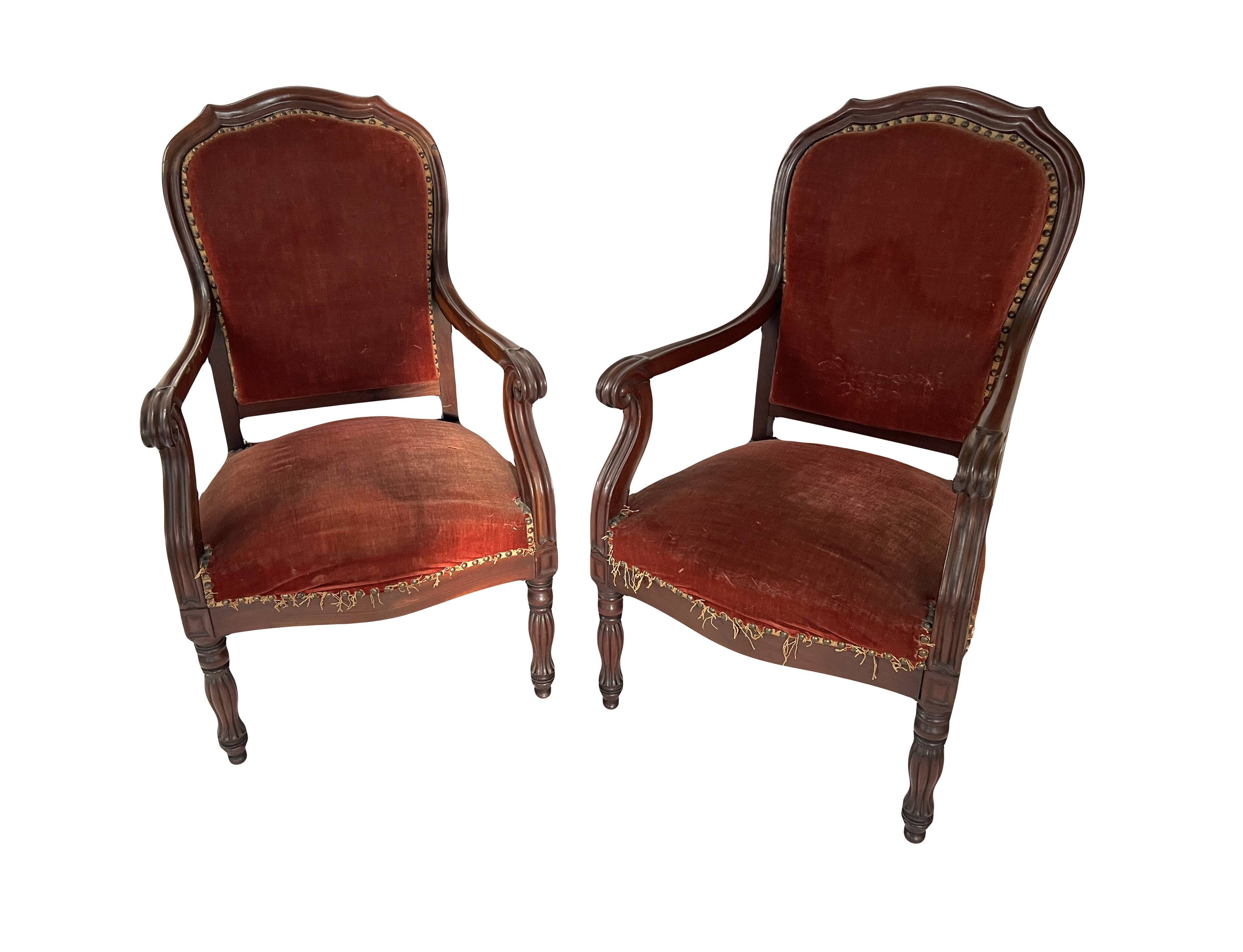 Pair of Louis Philippe armchairs in solid mahogany