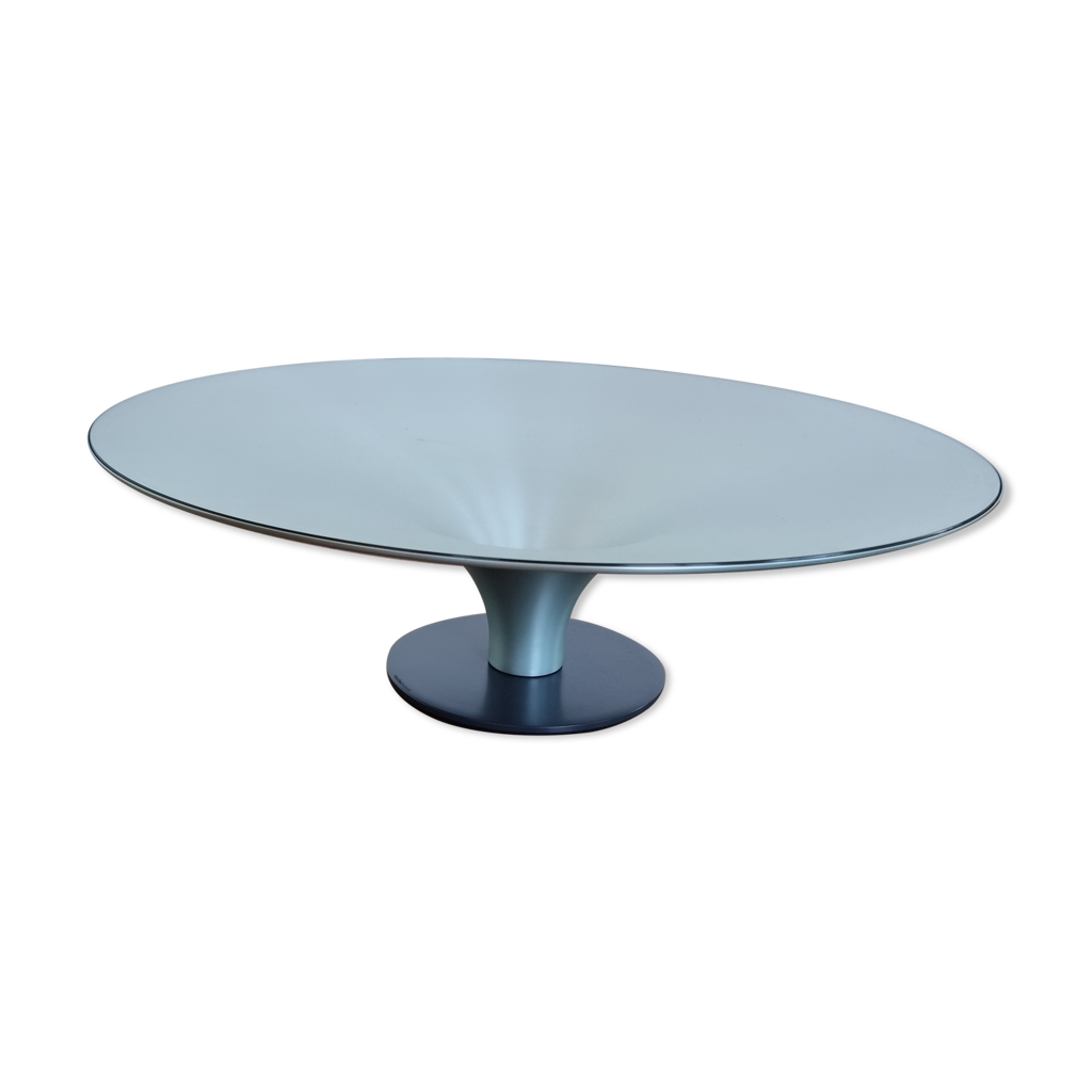 Table basse ronde 90cm Roche Bobois Ovni UP aluminium vernis couleur vert  d'eau | Selency