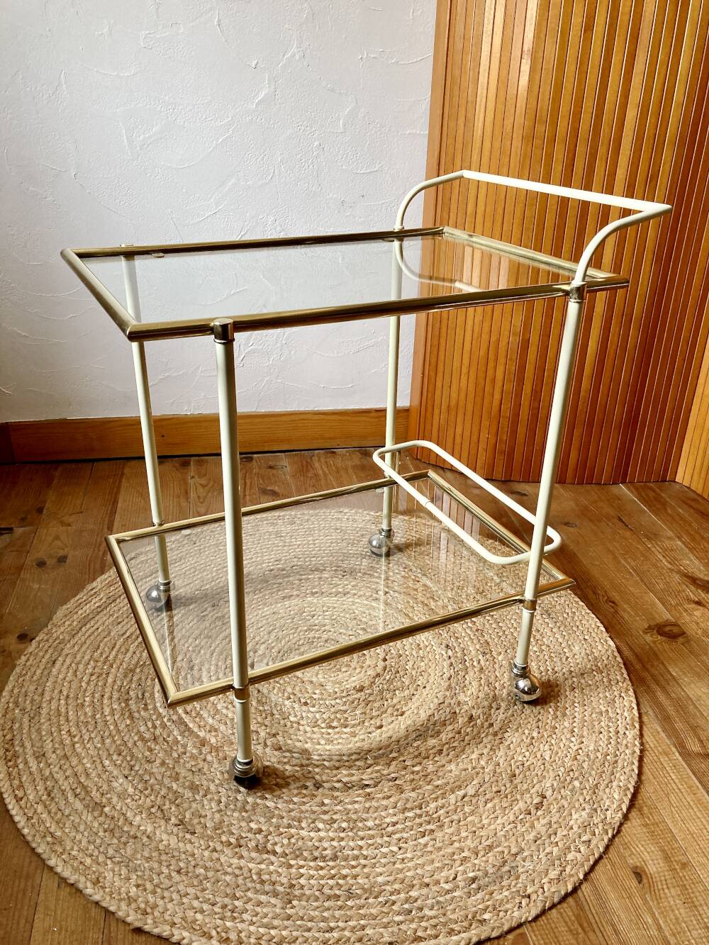 Dessert table with a cream-coloured metal structure and golden brass, 1960s.