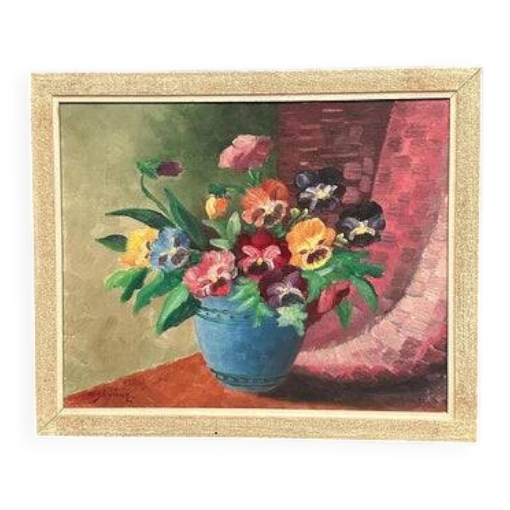 Original Swedish Oil on Canvas – “Pansies in Blue Vase” by G. Stränz