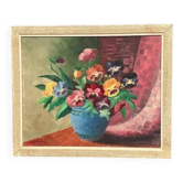 Huile sur toile originale suédoise – « Pensées dans un vase bleu » par G. Stränz