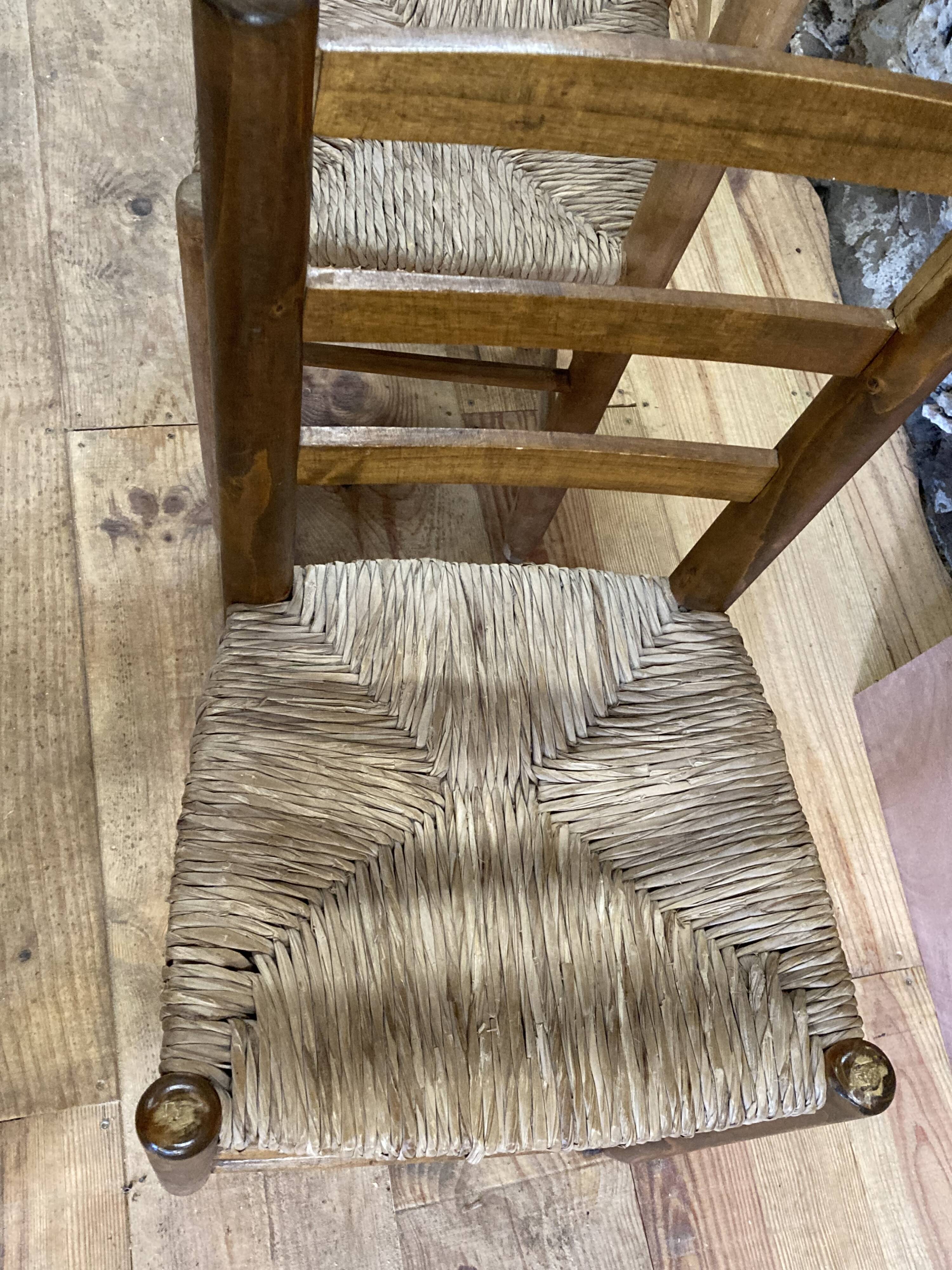 Pair of rustic-style vintage straw wood brutalist chairs