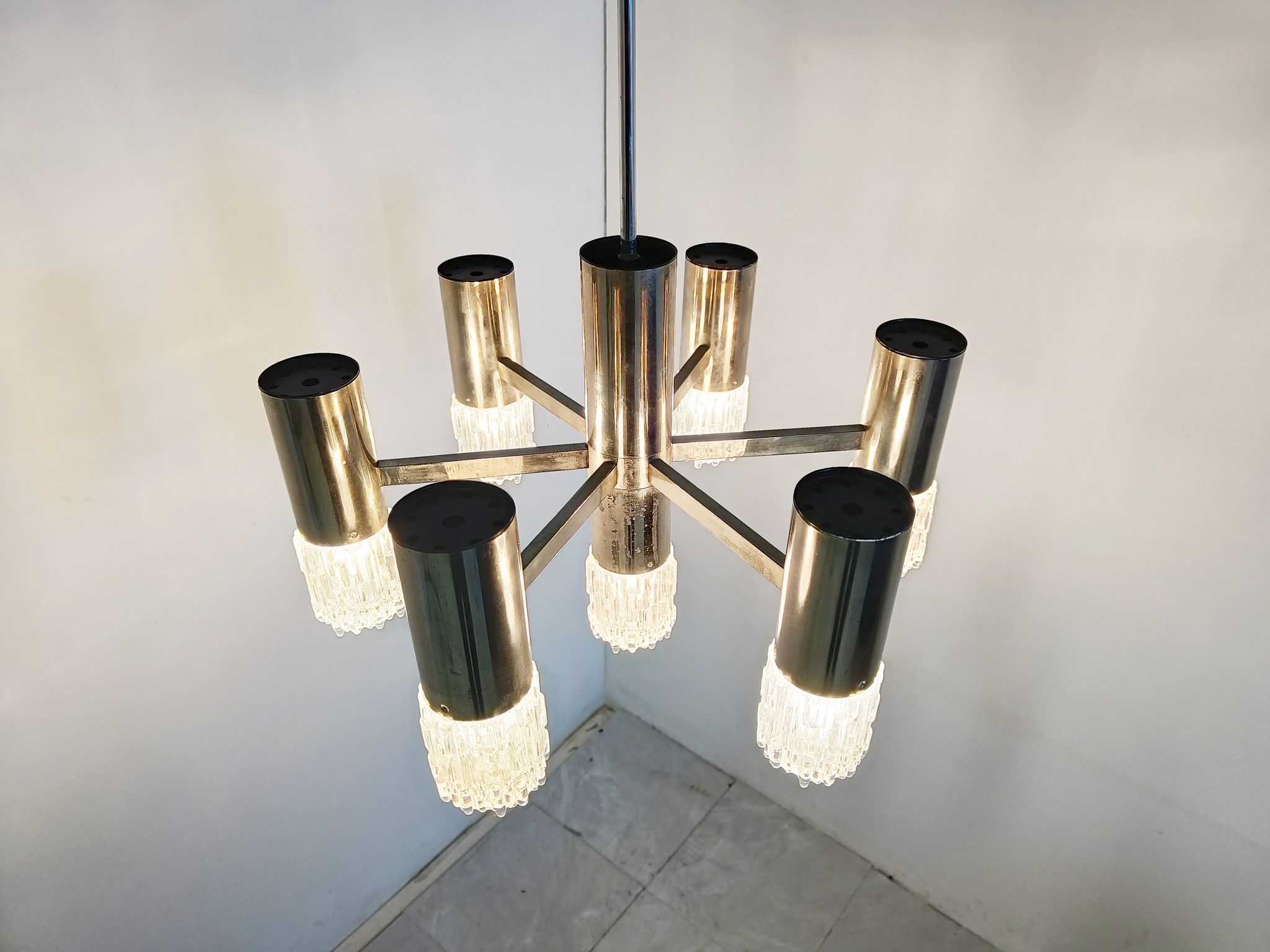 Lustre en chrome et verre, années 1970