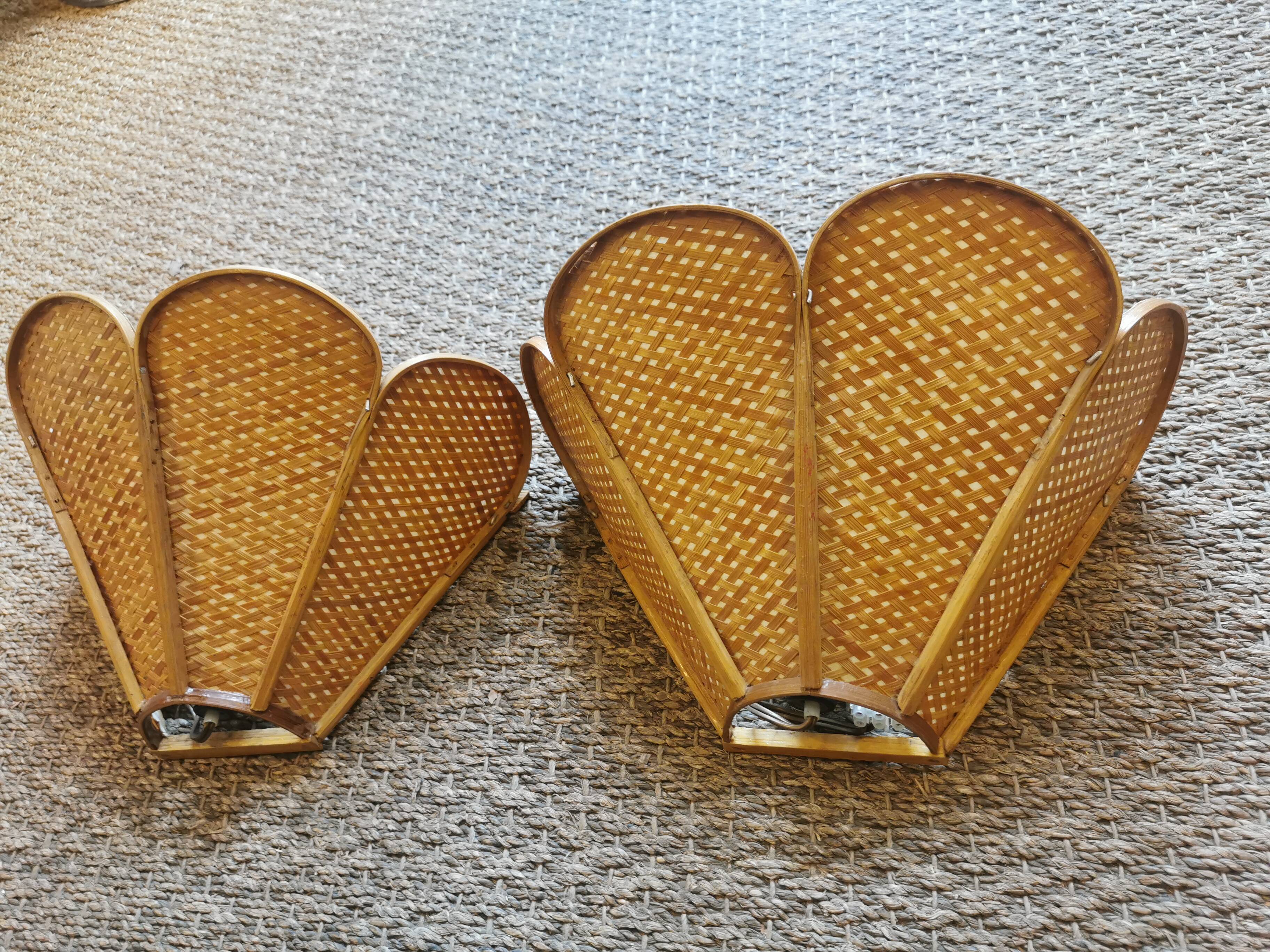 Pair of vintage "tulip" wall lights in rattan and canework
