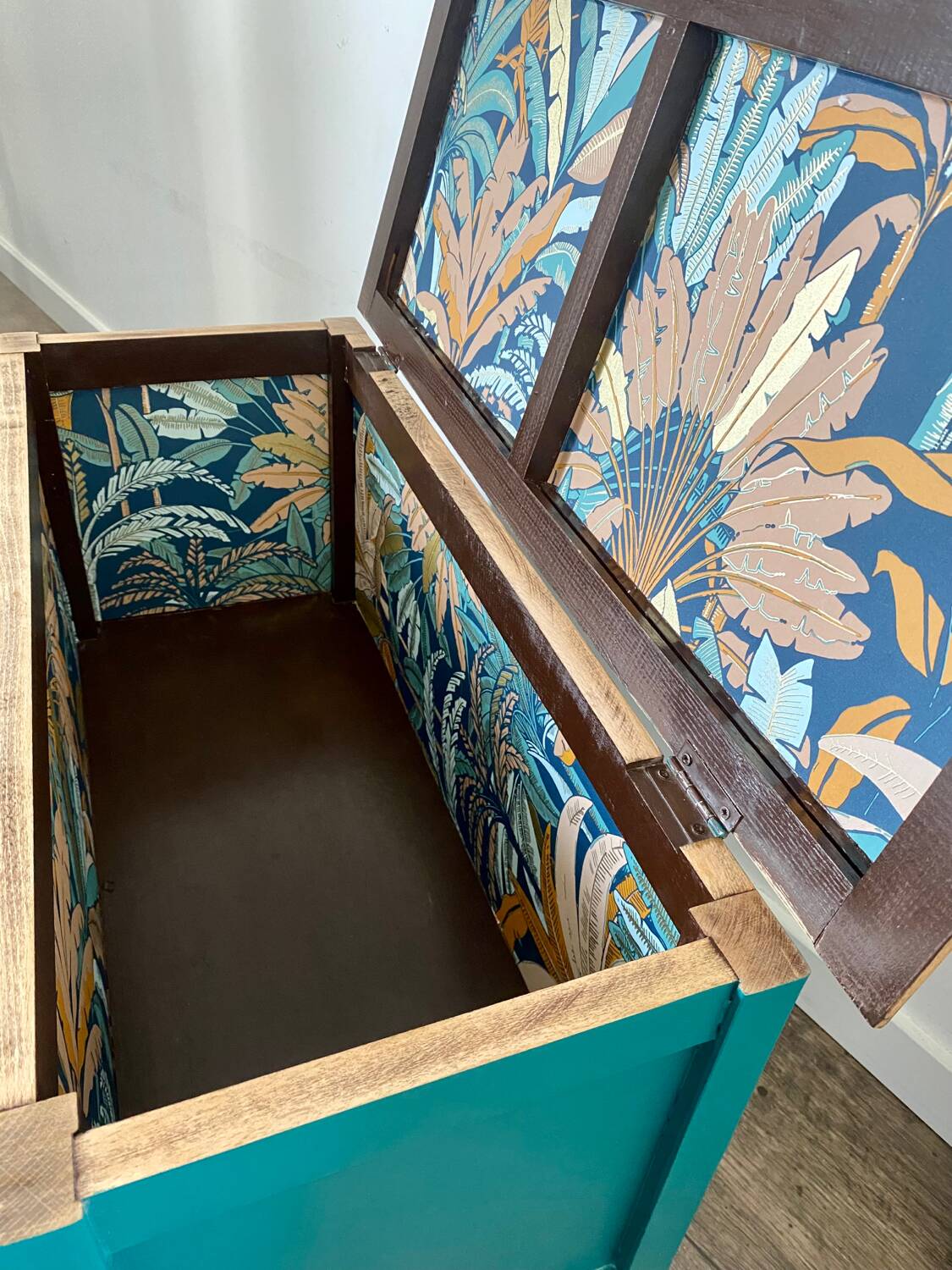 Duck blue and light wood storage chest