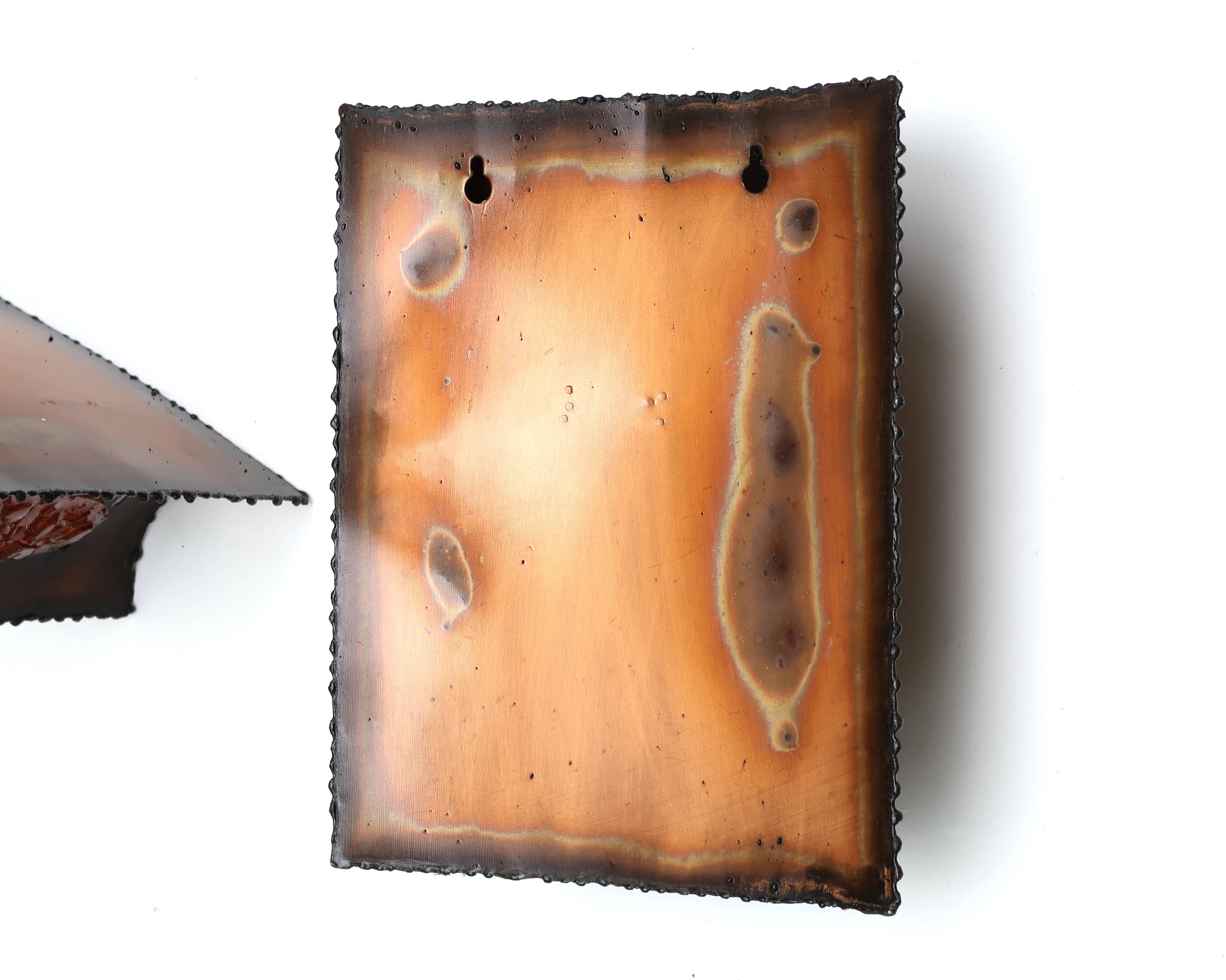 Pair of brutalist Accolay wall lights in copper and resin, 1960s