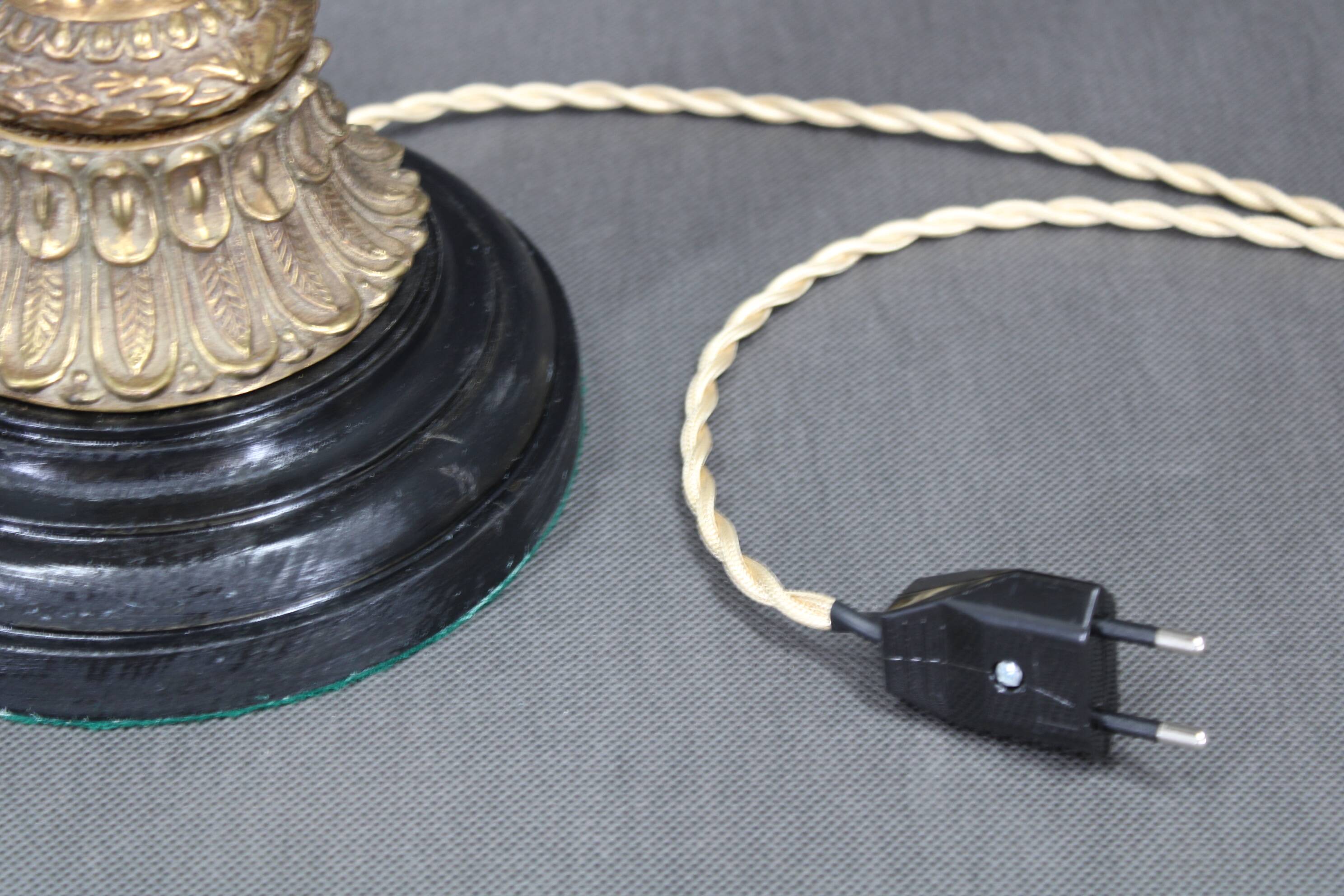 1940s Restored Brass Table Lamp with Wooden Base and Glass Shade