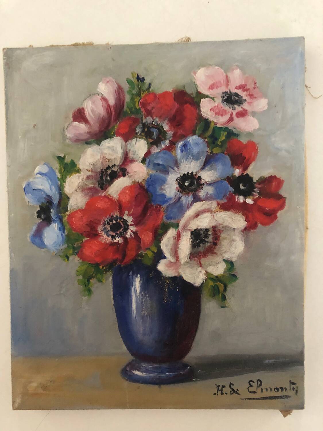 Oil on canvas bouquet of anemones by Henriette de Elmonty