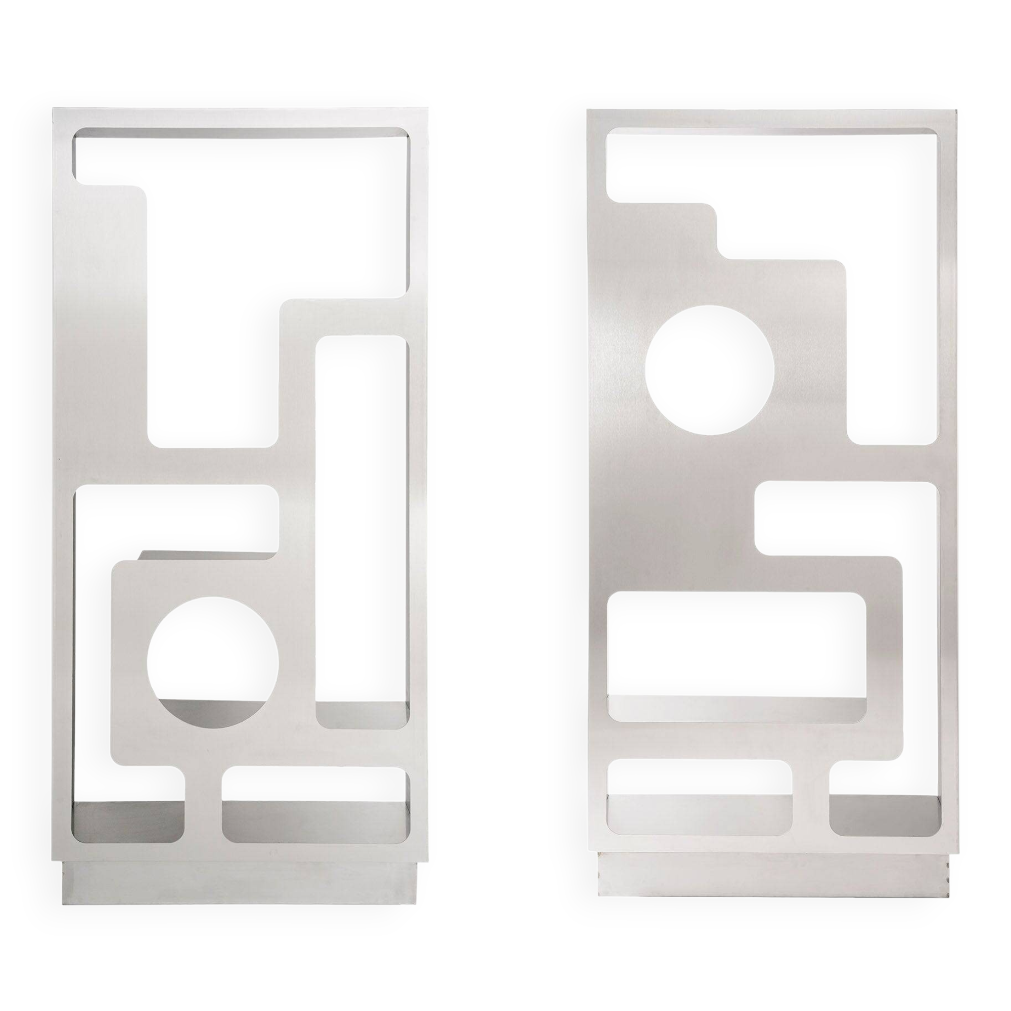 Pair of perforated brushed stainless steel screens, contemporary French work.