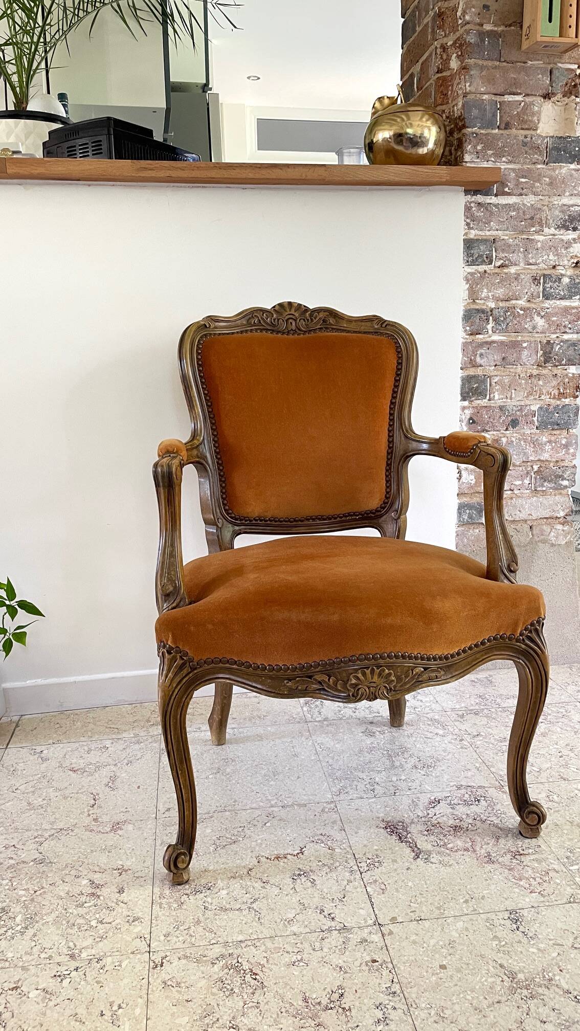 Vintage French Curry Velvet Cabriolet Armchair