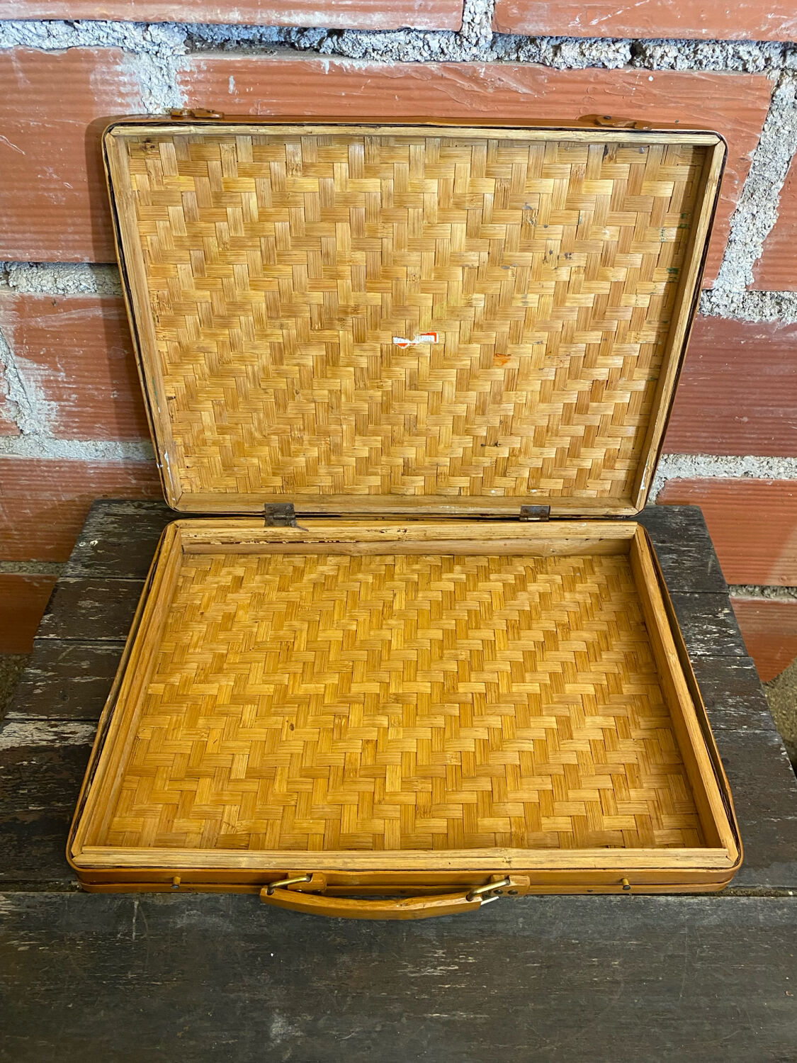 Vintage Wooden & Woven Bamboo Transport Box #D624