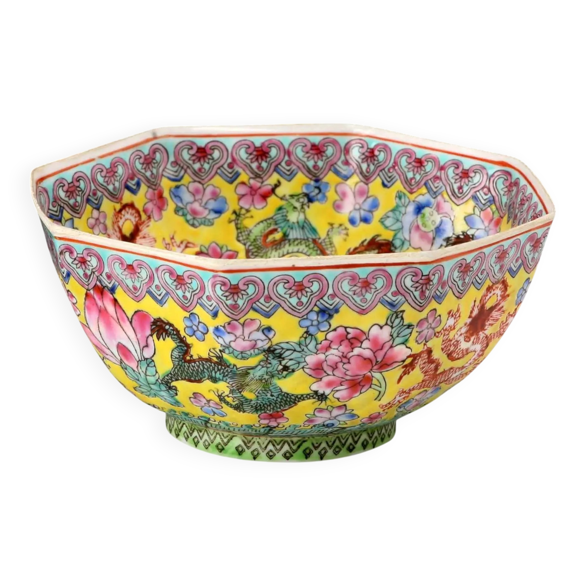 Vintage porcelain bowl decorated with dragons and flowers, China, 1980s.