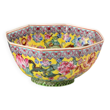 Vintage porcelain bowl decorated with dragons and flowers, China, 1980s.