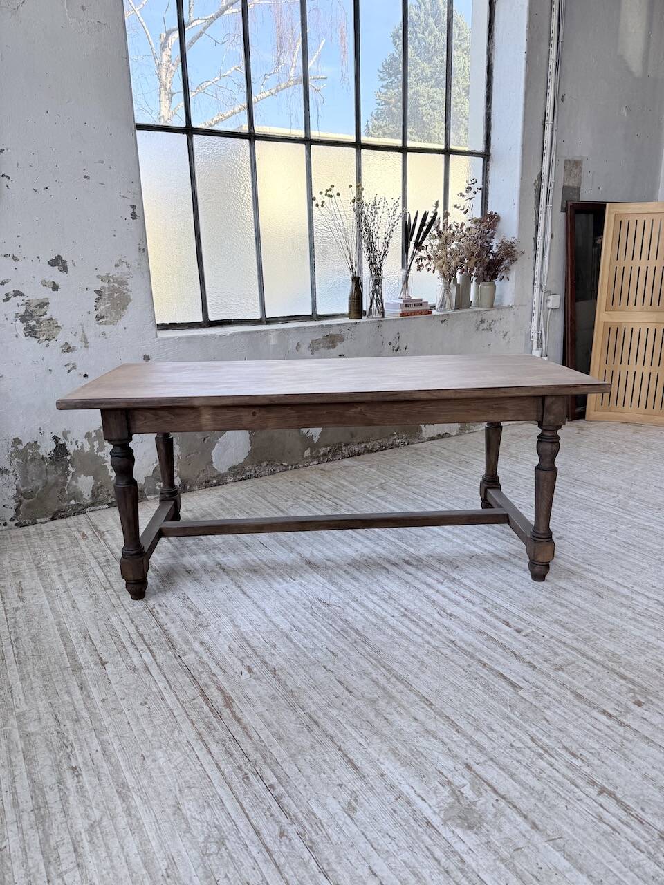 Farm table with turned legs, made of pine and birch, 180cm.
