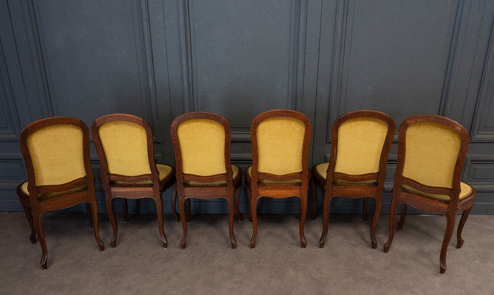 Suite of 6 Louis XV style chairs in walnut nineteenth yellow velvet