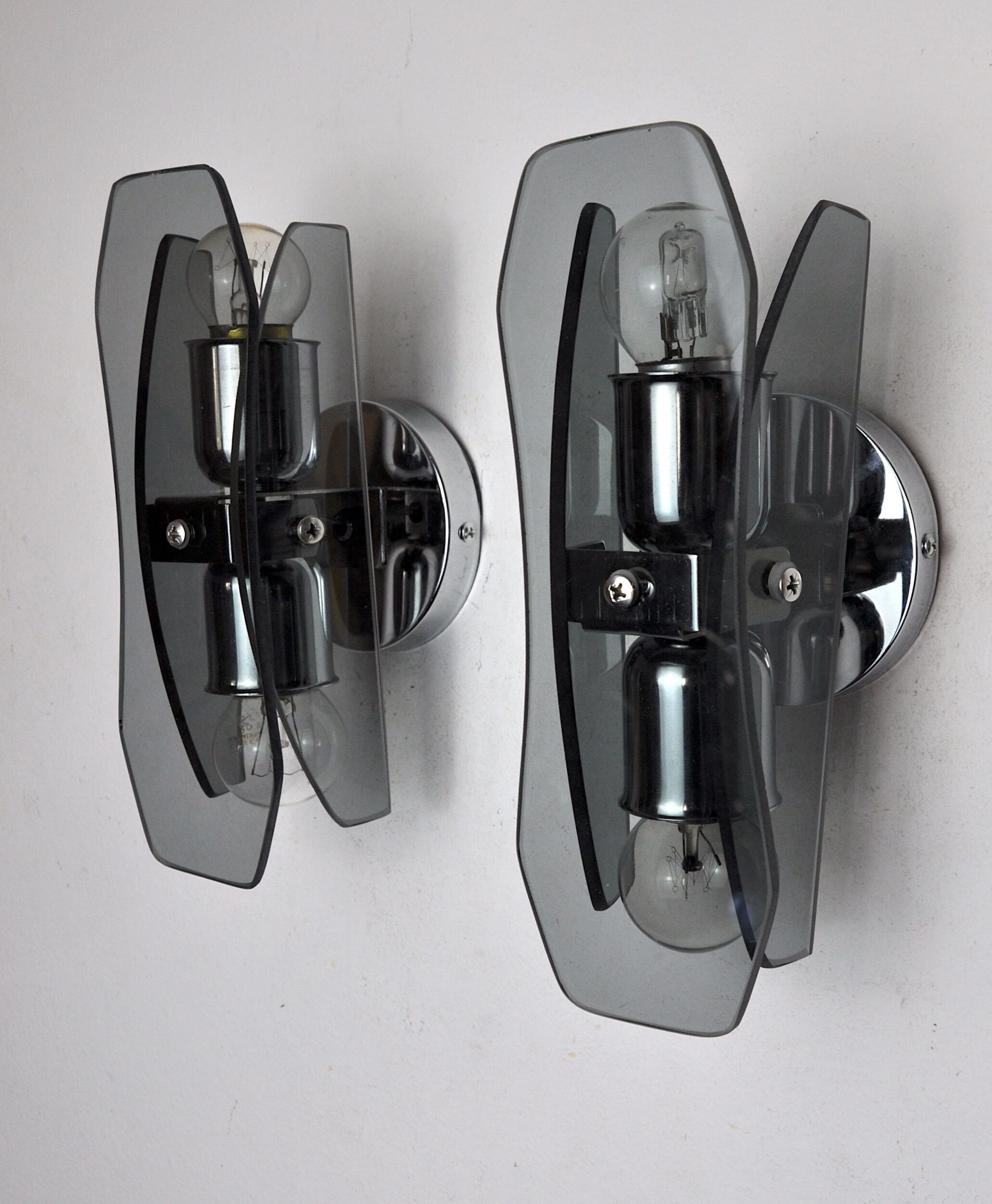 Pair of black Veca wall lamps, murano glass, Italy, 1960