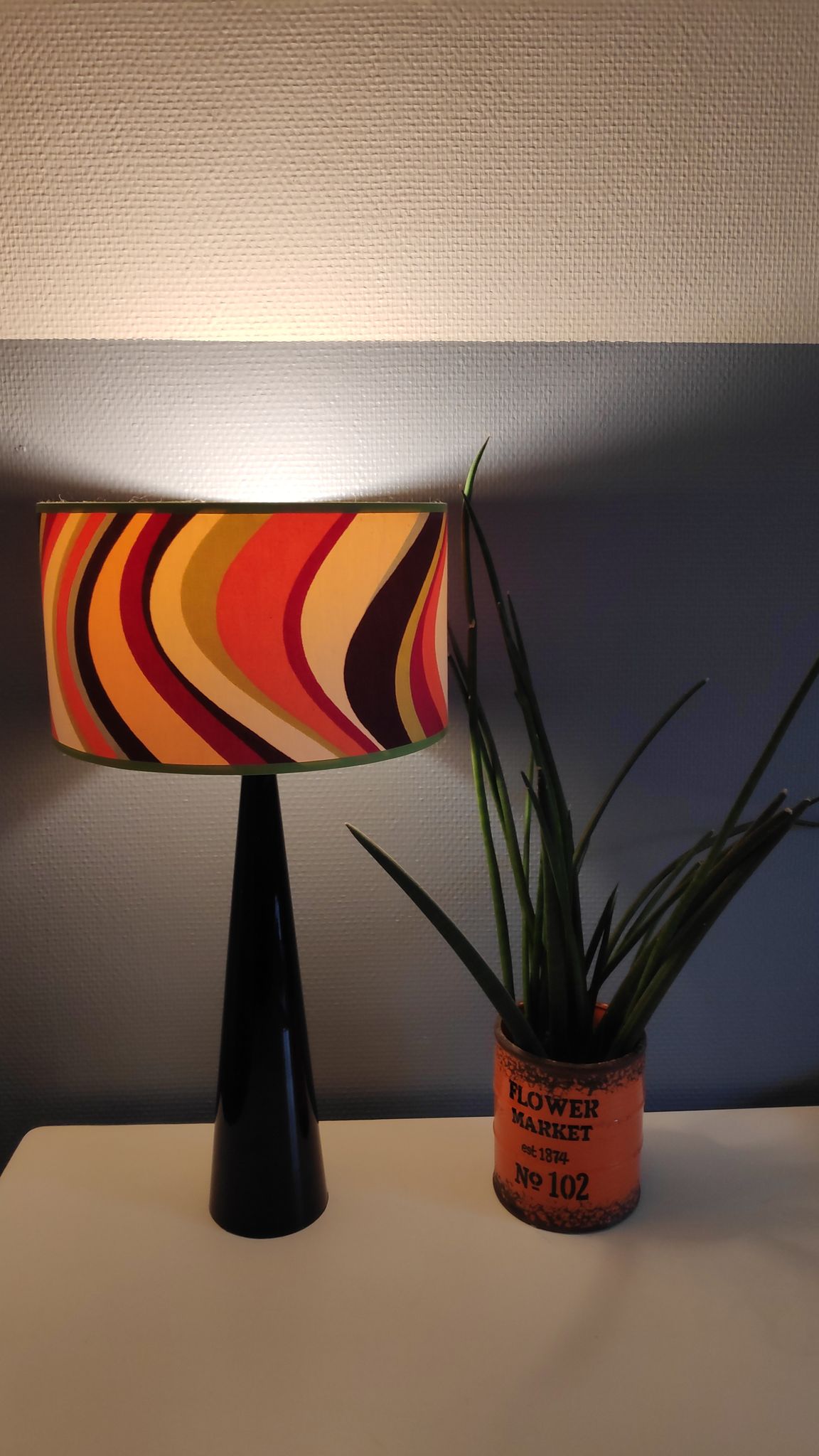 black lace-up foot lamp design and vintage printed lampshade