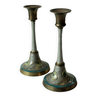 2 handmade cloisonne brass and enameled candle holders, vintage from the 70s