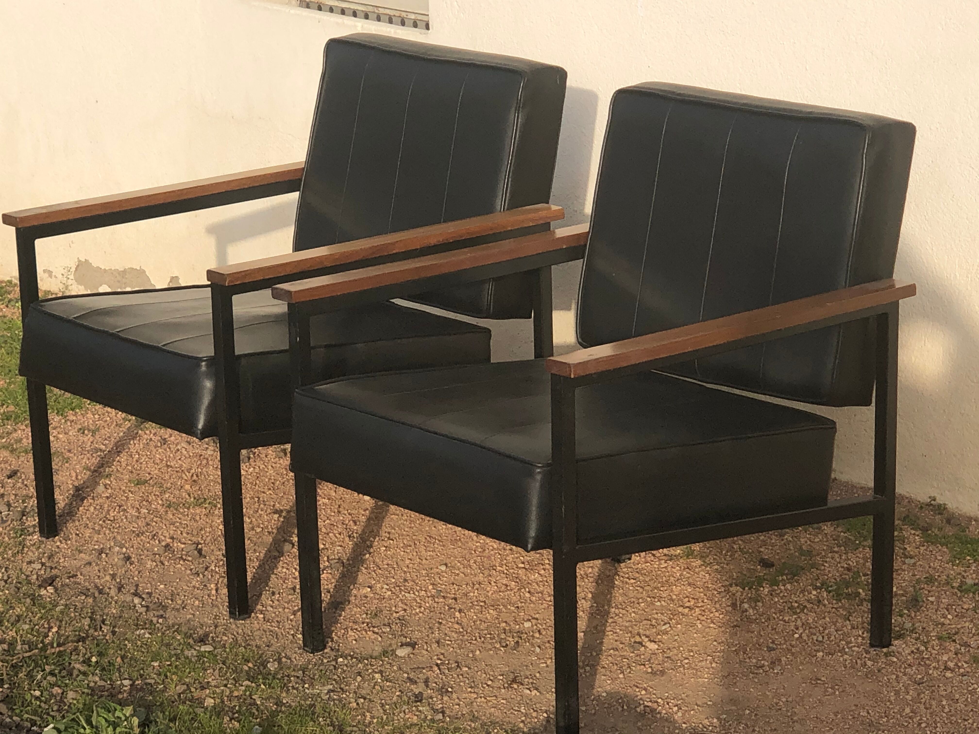 Pair of skaï and wood chairs 60s
