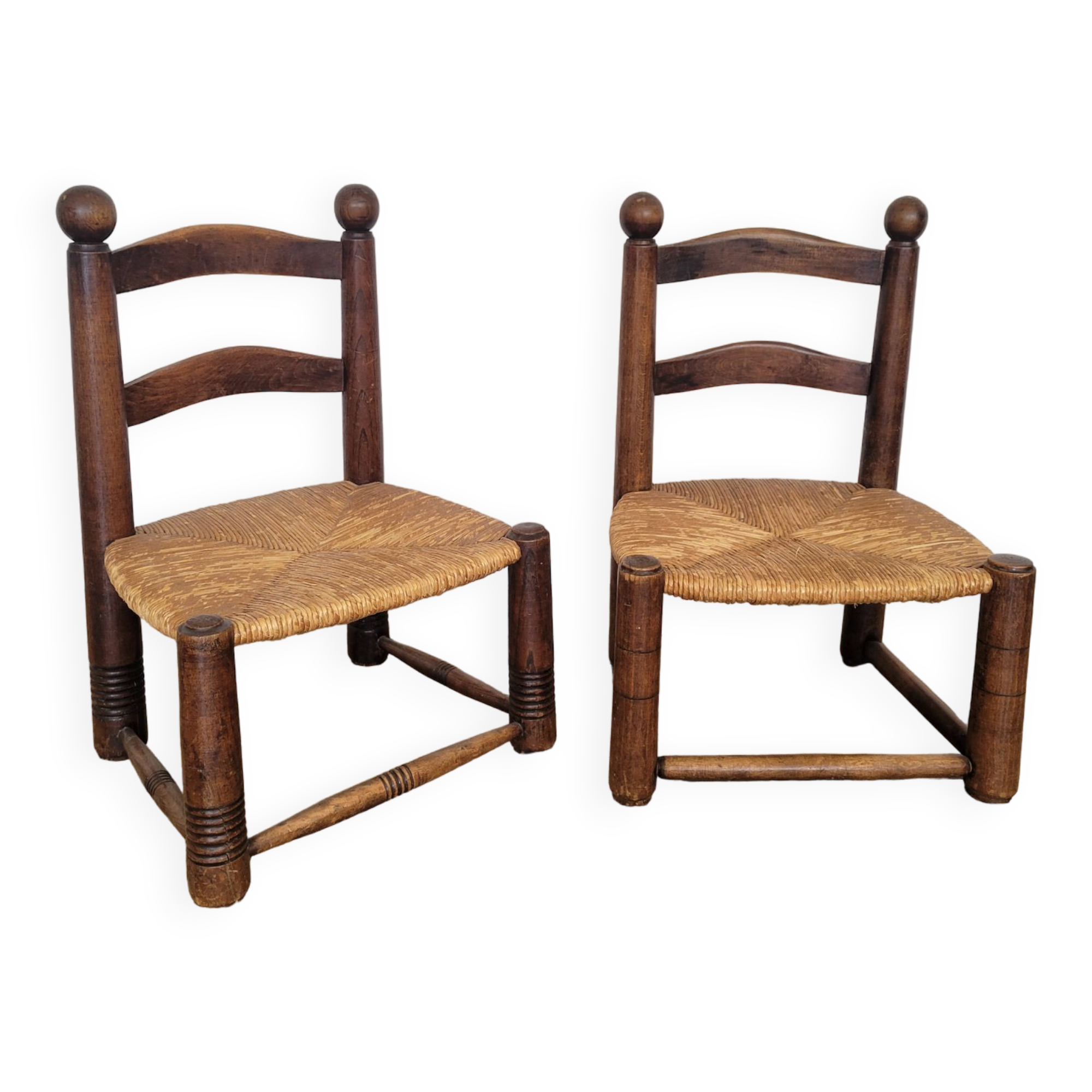 Duo de chaises de cheminée en bois et paille