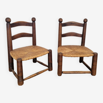 Duo de chaises de cheminée en bois et paille